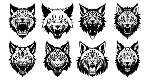 Ensemble Têtes Lynx Bouche Ouverte Crocs Nus Avec Différentes Expressions — Image vectorielle