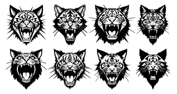 Set Cat Heads Open Mouth Bared Fangs Different Angry Expressions — Stock Vector