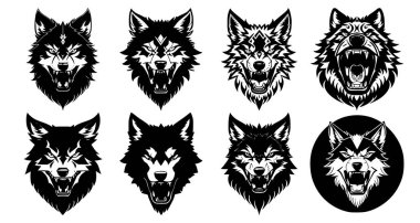 Ağzı açık kurt kafaları ve ağzında farklı kızgın ifadelerle sivri dişleri olan bir grup. Dövme, amblem veya logo sembolleri, beyaz bir arkaplanda izole edilmiş..