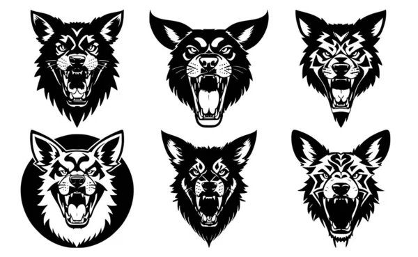 stock vector Set of dog heads with open mouth and bared fangs, with different angry expressions of the muzzle. Symbols for tattoo, emblem or logo, isolated on a white background.