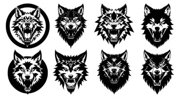 Ağzı açık kurt kafaları ve ağzında farklı kızgın ifadelerle sivri dişleri olan bir grup. Dövme, amblem veya logo sembolleri, beyaz bir arkaplanda izole edilmiş..