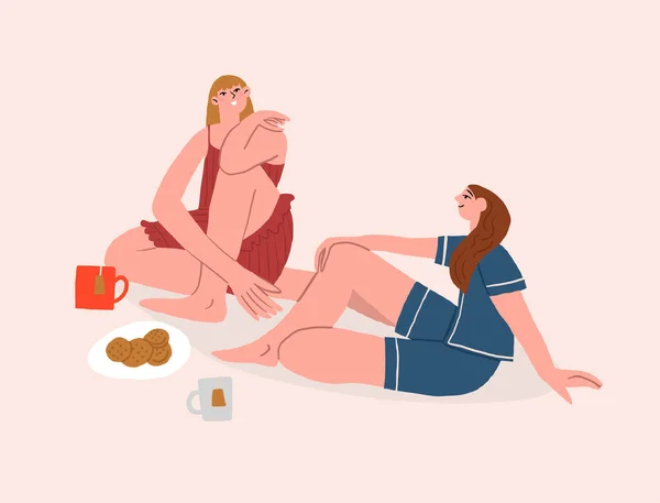 Two Girls Talking Drinking Tea Women Friendship Communication Flat Vector — Stock Vector