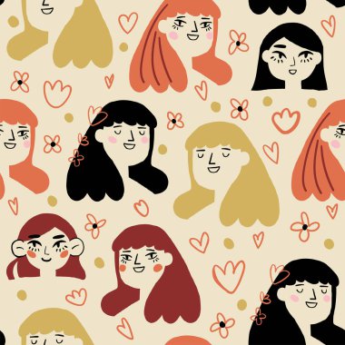 Romantik kızlar. Çiçek bahçesi vektör tasarımlı güzel kız. Romantik kız kusursuz bir model. Vektör illüstrasyonu