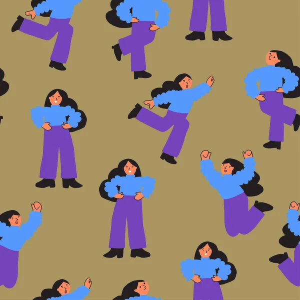Patrón Sin Costuras Con Mujeres Jóvenes Diferentes Razas Ilustración Dibujos — Vector de stock