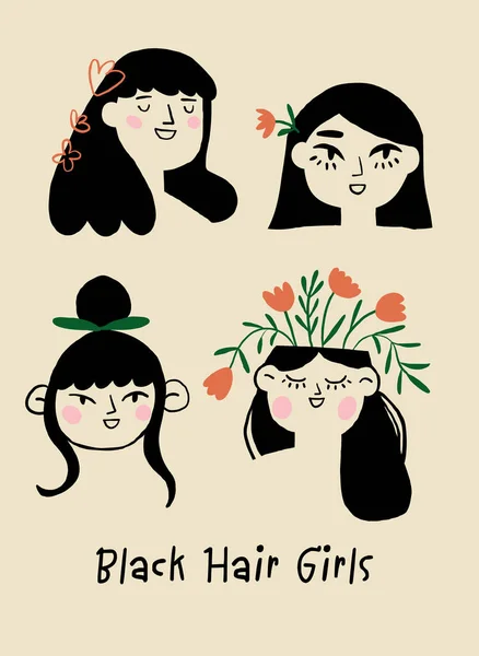 stock vector romantic girls with black hair. Romantic girls poster. Girls doodle posters. . Vector illustration