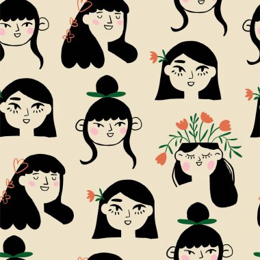 Soyut Kömür Pastel Renkleri El Çizimi Karışık Milletler Kadını Doodle Tasarım Malzemeleri Tasarımına Karşı İzole Arkaplan. Vektör illüstrasyonu