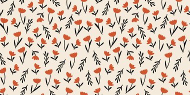 Kusursuz desenli, küçük çiçekli, minimalist çiçek desenli, sonbahar çiçekli. Vektör illüstrasyonu