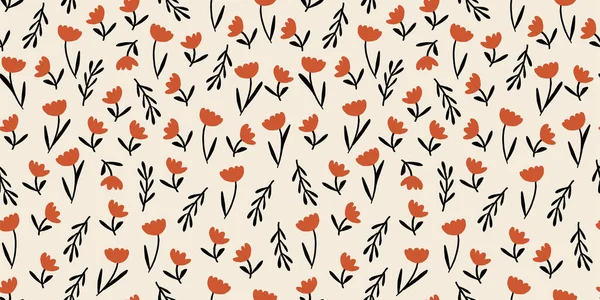 Векторный Бесшовный Узор Дикими Цветками Минималистичный Узор Цветков Осенние Цветы — стоковый вектор