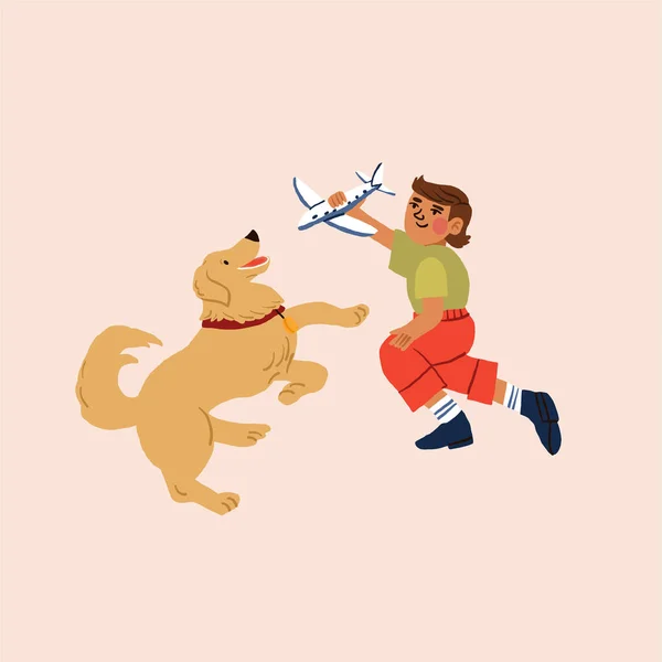 Köpekle Uçak Oyuncağı Oynayan Bir Çocuk Golden Retriever Küçük Sevimli — Stok Vektör