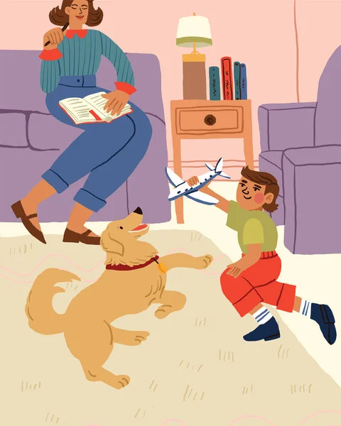 Evde Mutlu Bir Aile Anne Oğul Oturma Odasındaki Köpek Akşam — Stok Vektör