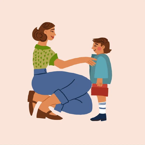 Matka Pomaga Synowi Się Ubrać Ilustracja Matki Syna Jasnym Tle — Wektor stockowy