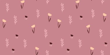 Pembe arka planda romantik çiçekler, sonbahar çiçekleri minimalist desenler. Vektör illüstrasyonu