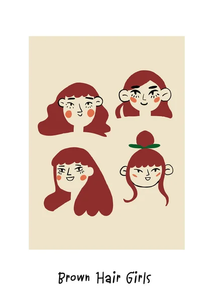 Kahverengi Saçlı Kızların Portrelerinin Olduğu Bir Poster Romantik Kızların Yüzleri — Stok Vektör