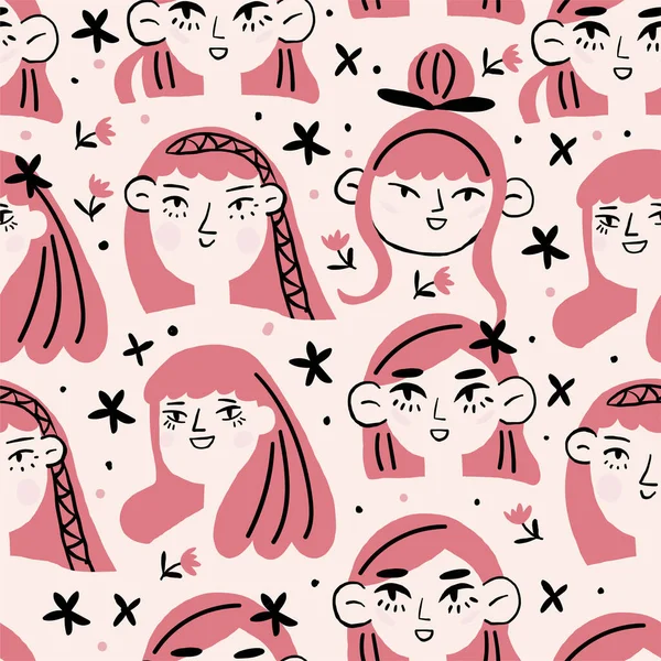 stock vector Seamless pattern cute girlish faces with different emotions. Ideal for children interiors, banners and posters. Vector colorfull illustration. Vector illustration