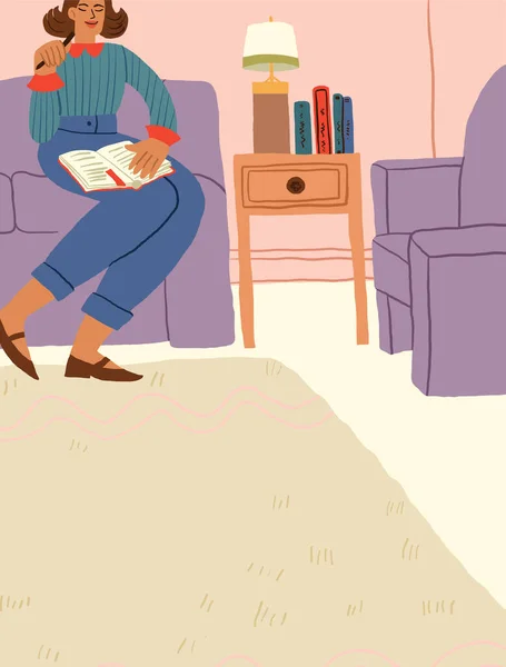 Kobieta Czytająca Książkę Salonie Szczęśliwych Przytulnych Chwil Domu Ilustracja Wektora — Wektor stockowy