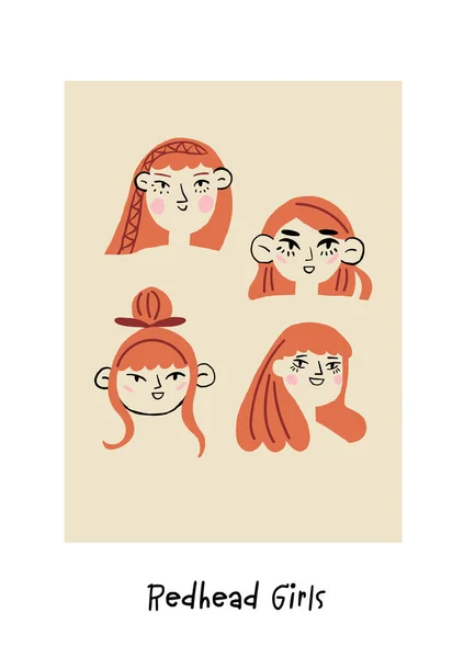 Üzerinde Kızıl Kadın Portreleri Olan Dikey Poster Spring Girls Illüstrasyonu — Stok Vektör