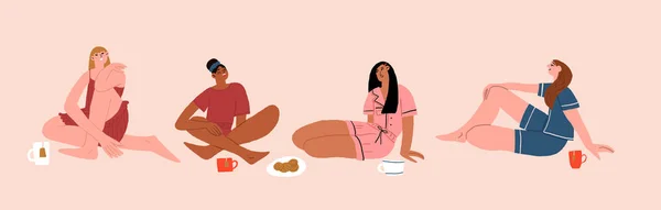 Farklı Irktan Ten Renginden Güzel Kadınlar Pijama Giyiyor Çay Içiyor — Stok Vektör