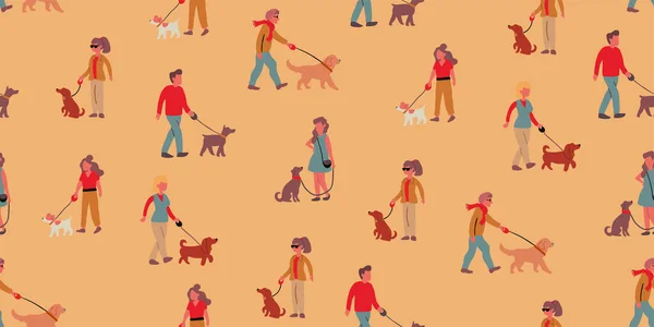 矢量无缝模式与狗散步者在米色背景下遛狗 挖业主和狗在人行道上 狗的模式矢量说明 — 图库矢量图片