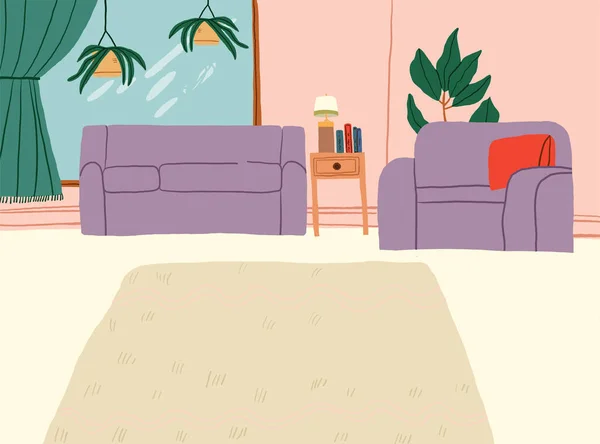 Koltuklar Bitkiler Halılarla Dolu Rahat Bir Oturma Odasının Vektör Çizimi — Stok Vektör