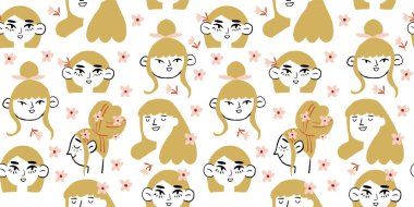 Sarı saçlı romantik kızlar arasında kusursuz bir bağlantı var. Beyaz arka planda mavi çiçekli bahar kızları karakterleri. Vektör illüstrasyonu