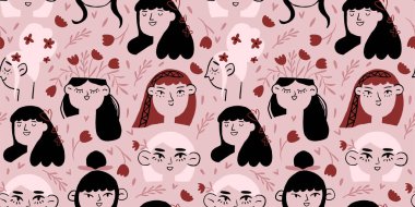 Sarışın kızların yüzleri ve bej arkaplanda çiçekleri olan kusursuz bir desen. Romantik kız portresi modeli. - Evet. Vektör illüstrasyonu