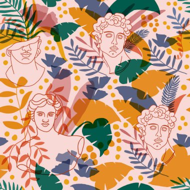 Antik Antik Yunan heykel adamı kusursuz desen. Modern vektör dokusu, antik Yunan klasik tanrılarının heykeli soyut şekilli erkek yüzü, tekstil, kumaş, pap için sanatsal yüzey