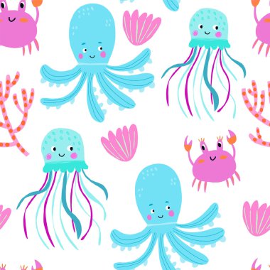 Elle çizilmiş deniz yaşamı elementleriyle kurulmuş. Tasarımınız için bir dizi karikatür çizimi. Vektör illüstrasyonu