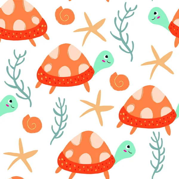 亀と海の生き物とのシームレスなパターン ベクターイラスト — ストックベクタ