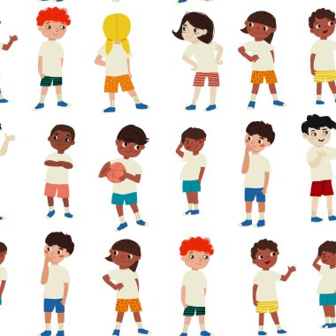 Çocuklar, dergiler, web siteleri, tekstil endüstrisi, topları olan okul çocukları için kusursuz bir süs deseni. Vektör illüstrasyonu