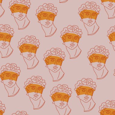 Seamless pattern with greek sculptures. Men faces. Stylish colorful background. pop art, modern antiquity. Vector illustration