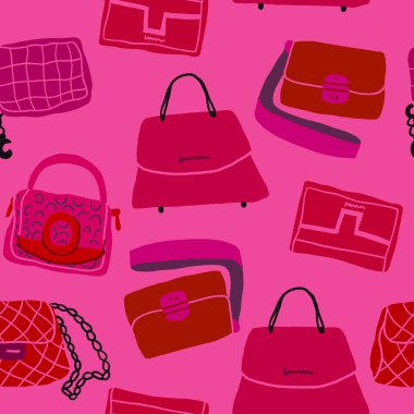 Kadın Torbaları Kusursuz Şablon. Mor pembe arka planda kadın el çantalı, şık moda aksesuarları olan fayanslı vektör arka planı. Vektör illüstrasyonu