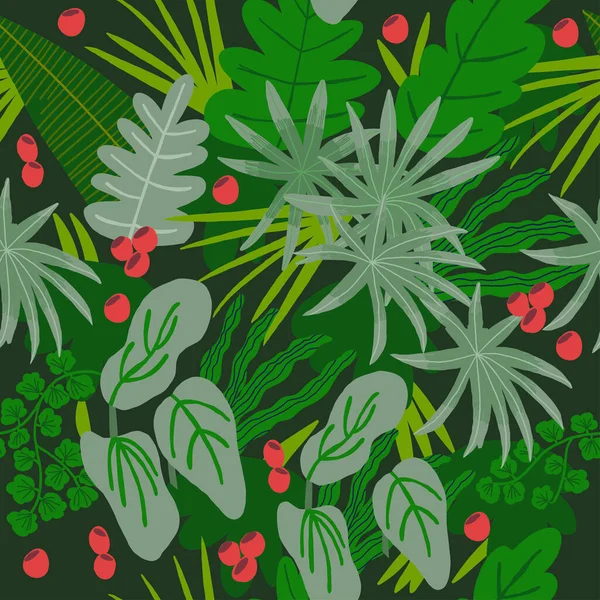 Yapraklı Böğürtlenli Çiçek Arkaplanlı Kusursuz Soyut Yeşil Desen Vektör Illüstrasyonu — Stok Vektör