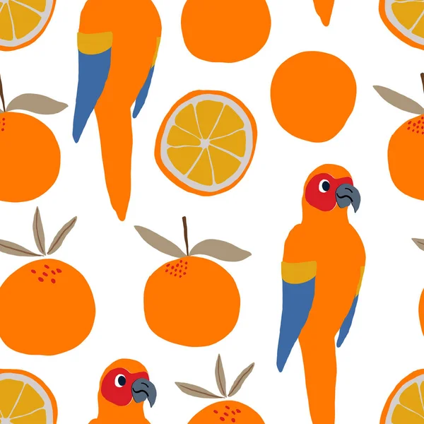 Παπαγάλοι Και Πορτοκάλια Μοτίβο Λευκό Φόντο Τροπικό Μοτίβο Εικονογράφηση Διανύσματος — Διανυσματικό Αρχείο