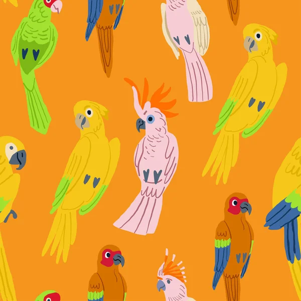 Cute Tropical Birds Orange Parrots Toucan Sitting Branches Seamless Tropical — Stock Vector
