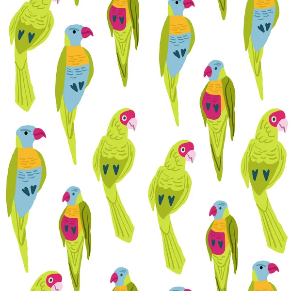Eclectus Papuga Wektor Bezszwowy Wzór Białym Egzotyczny Wzór Ptaków Ilustracja — Wektor stockowy