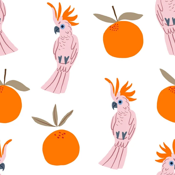Попугаи Апельсины Рисунок Белом Фоне Тропический Узор Векторная Иллюстрация — стоковый вектор