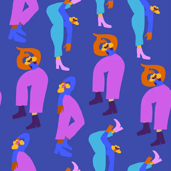 Vector Nahtlose Muster Mit Tanzenden Disco Menschen Bunten Kleidern 80Er — Stockvektor