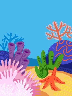 Mercan okumaları, kayalar, mercanlar ve seastar içeren sualtı sahnesi. Denizin altında çocuk resimleme geçmişi. Çizgi film tarzında mercan köşe arka planı. Vektör illüstrasyonu