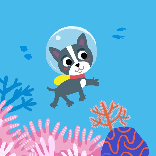 サンゴ礁に沿ってダイビングする犬 かわいい犬のキャラクターとのかわいい子供のイラスト 水中の子どものシーン ベクトルイラスト — ストックベクタ