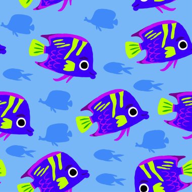 Şirin deniz balığı. Mavi tang ya da Regal tang dikişsiz desenli mavi ve küçük balıklı. Geçmişi mavi tangalı, çocuklar için tatlı balık desenli. Kawaii, vektör. Vektör illüstrasyonu