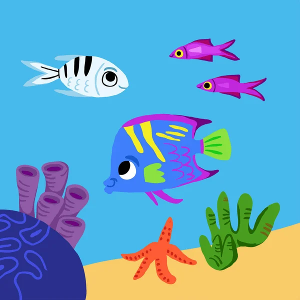 Altı Dünyasının Sevimli Renkli Balık Karakterleri Mercan Resifleri Deniz Yosunları — Stok Vektör