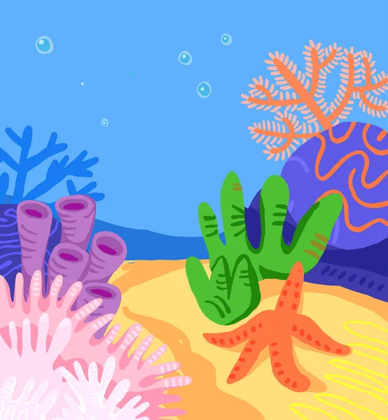 サンゴリード サンゴ 海の星 泡が付いている水中シーン背景 海の下の子供たちのイラストの背景 漫画スタイルのサンゴの葉の背景 ベクトルイラスト — ストックベクタ