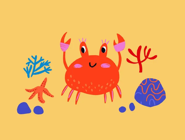 Bonito Crianças Ilustração Caranguejo Areia Caranguejo Personagem Estilo Desenhado Mão — Vetor de Stock