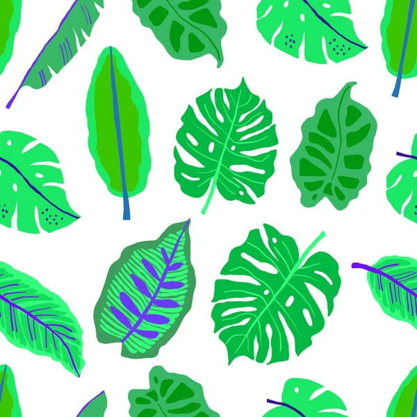 Vector Naadloos Patroon Met Neon Groene Tropische Bladeren Wit Vectorillustratie — Stockvector