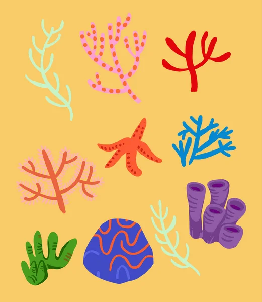 Unterwasserflora Korallenriffe Felsen Algen Seesterne Auf Orange Unterwasser Clipart Set — Stockvektor