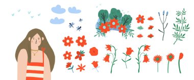 Bahar çiçeği çelenkli, çiçekli, bulutlu, yapraklı kız karakterli Clipart seti. Bahar konsepti kız kartpostalı toplamak için. Bahar havası. Elle çizilmiş bir stil. Vektör