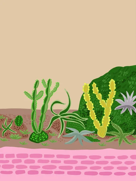 Prachtige Ansichtkaart Met Cactussen Compositie Stijlvol Mexicaans Landschap Decoratieve Exotische — Stockvector