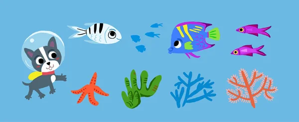 儿童图画书中的一组水下汉字 狗潜水 可爱的鱼 儿童是水下世界的例证 矢量说明 — 图库矢量图片