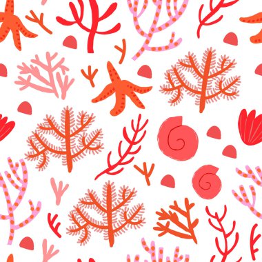 Beyaz zemin üzerinde kırmızı mercanlar olan şirin vektörsüz desen. Mercan kayalıkları, deniz kabukları, yıldız balıkları. Vektör illüstrasyonu