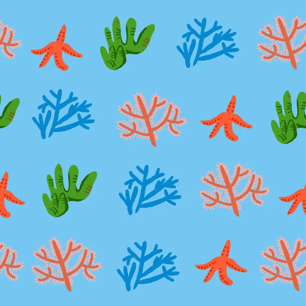 파란색 배경에 산호와 귀여운 화려한 원활한 패턴입니다 산호초 물고기 일러스트 — 스톡 벡터